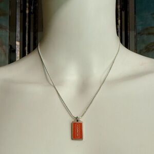 Coach Redish Orange Enamel Hang Tag Pendant .925 Sterling Silver Necklace